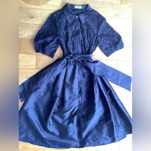 Rickie Freeman for Teri Jon Elegant Navy Lace Maxi Dress with Belt